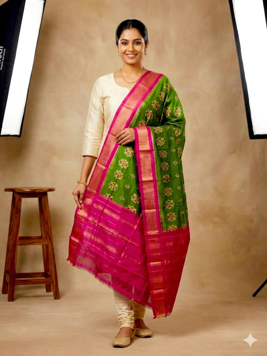 Ikkat Silk Dupatta Olive Green Pink - pochampallysarees.com