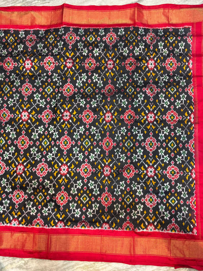 Pochampally Ikat Patola Silk Navy Blue Red Sari - pochampallysarees.com