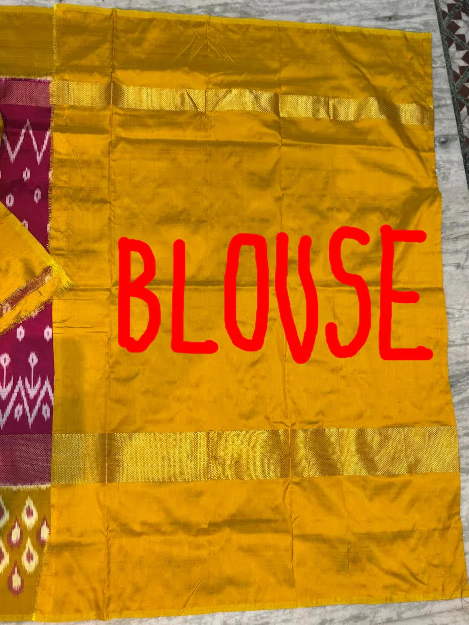 Pure Pochampally Ikkat Silk Saree - Vibrant Magenta & Mustard Yellow with Classic Zari Border | Handwoven Traditional Wear - pochampallysarees.com