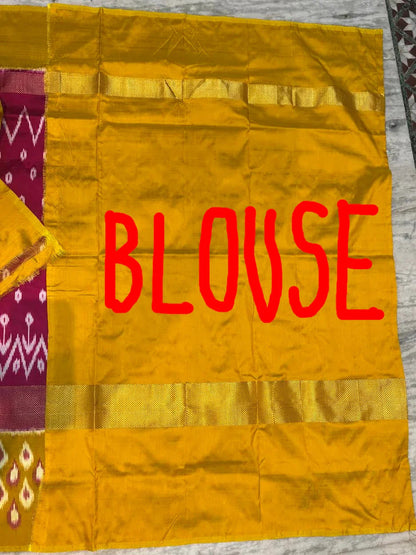 Pure Pochampally Ikkat Silk Saree - Vibrant Magenta & Mustard Yellow with Classic Zari Border | Handwoven Traditional Wear - pochampallysarees.com