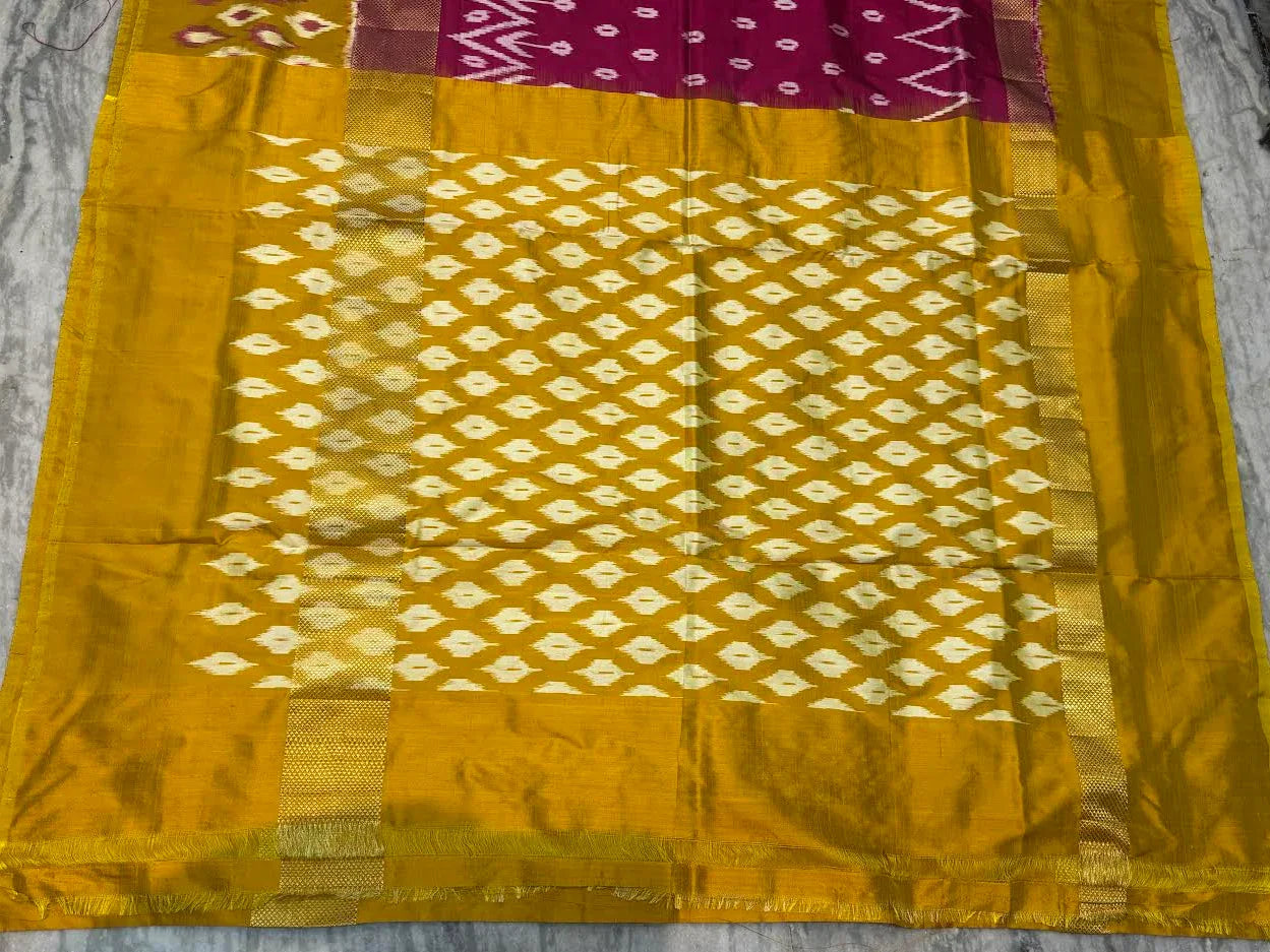 Pure Pochampally Ikkat Silk Saree - Vibrant Magenta & Mustard Yellow with Classic Zari Border | Handwoven Traditional Wear - pochampallysarees.com