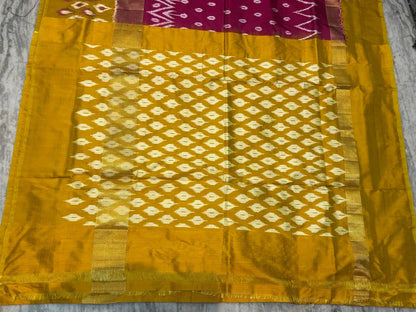 Pure Pochampally Ikkat Silk Saree - Vibrant Magenta & Mustard Yellow with Classic Zari Border | Handwoven Traditional Wear - pochampallysarees.com