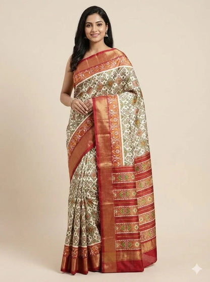 Premium Cream & Copper-Red Ikkat Tissue Silk Saree | Geometric Pochampally Handloom with Zari Border | Festive Wedding Wear - pochampallysarees.com