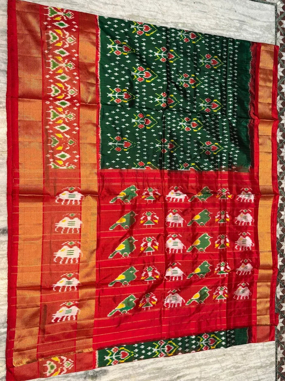 Premium Green & Red Pure Ikkat Silk Saree | Traditional Parrot & Elephant Motifs | Rich Gold Zari Border - pochampallysarees.com