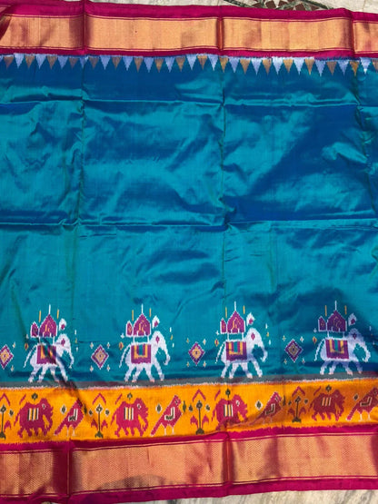 Pure Pochampally Ikkat Silk Saree in Teal & Magenta | Elephant Motif Border | Traditional Handloom Pattu Saree - pochampallysarees.com