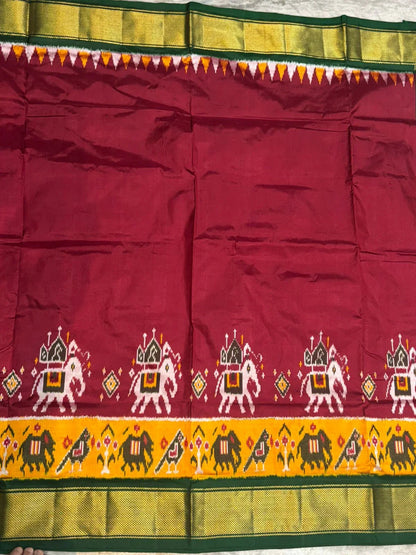 Pure Pochampally Ikkat Silk Saree in Maroon & Green with Intricate Elephant Motifs and Zari Border - pochampallysarees.com