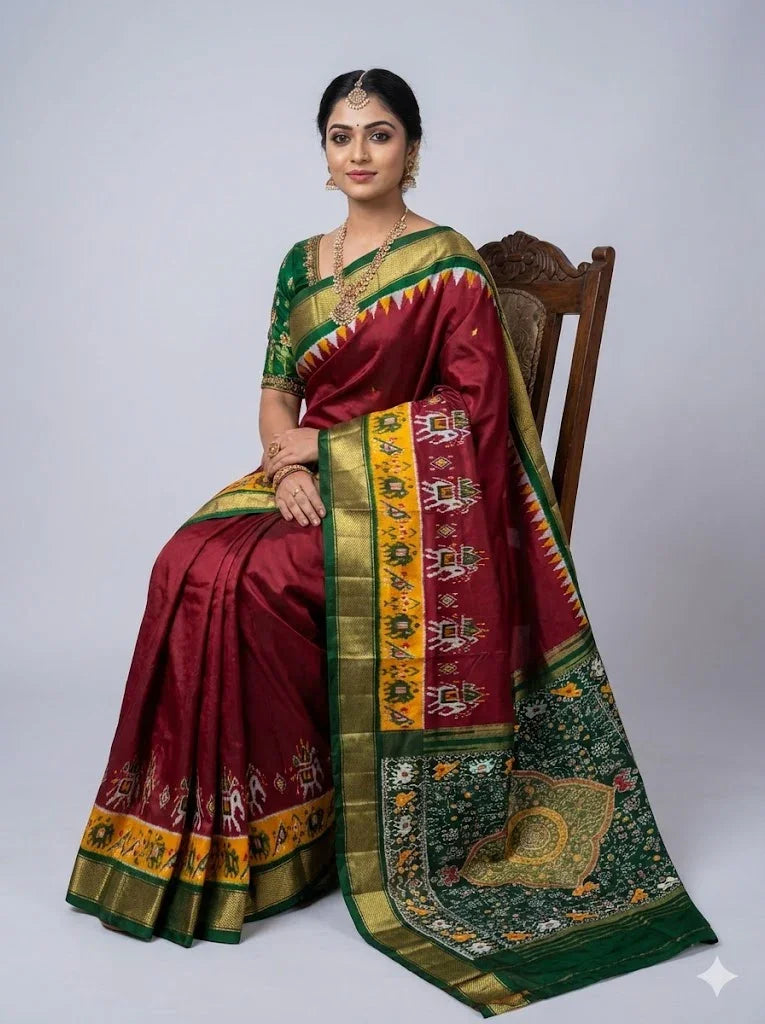 Pure Pochampally Ikkat Silk Saree in Maroon & Green with Intricate Elephant Motifs and Zari Border - pochampallysarees.com