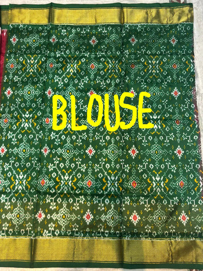 Pure Pochampally Ikkat Silk Saree in Maroon & Green with Intricate Elephant Motifs and Zari Border - pochampallysarees.com