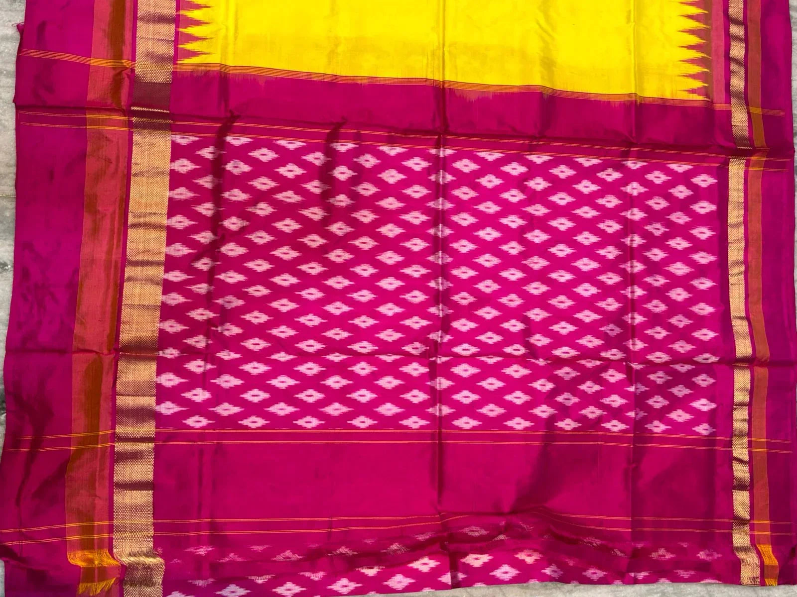 Traditional Yellow & Pink Ikkat Silk Saree with Temple Border - pochampallysarees.com