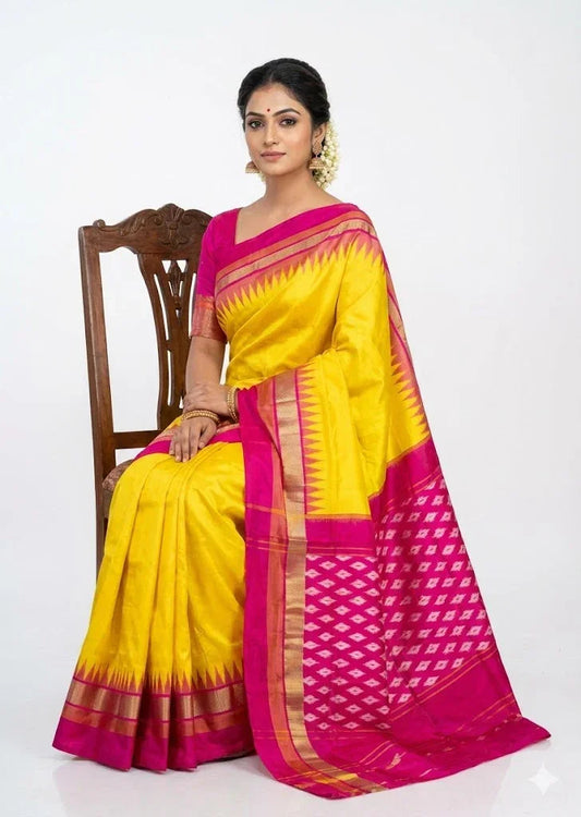 Traditional Yellow & Pink Ikkat Silk Saree with Temple Border - pochampallysarees.com