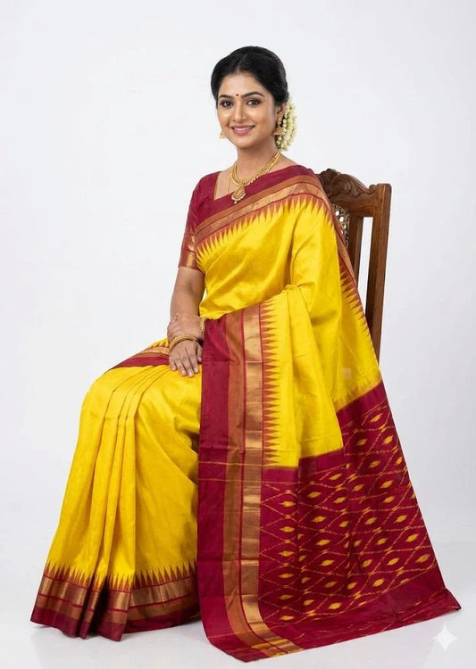Yellow & Maroon Pure Ikkat Silk Saree with Traditional Temple Border | Zari Pallu - pochampallysarees.com