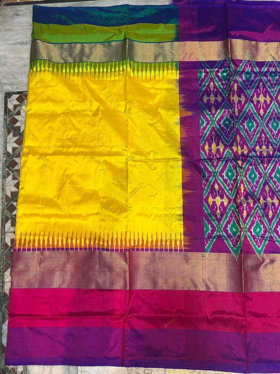 Pure Ikkat Silk Saree in Sunshine Yellow with Ganga Jamuna Border | Heavy Geometric Purple Pallu & Matching Ikkat Designer Blouse | Traditional Handloom Silk for Weddings - pochampallysarees.com