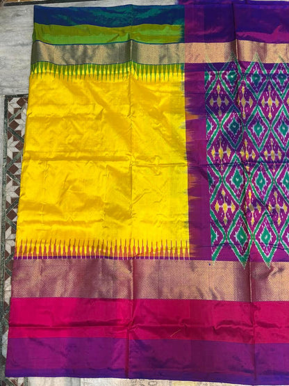 Pure Ikkat Silk Saree in Sunshine Yellow with Ganga Jamuna Border | Heavy Geometric Purple Pallu & Matching Ikkat Designer Blouse | Traditional Handloom Silk for Weddings - pochampallysarees.com