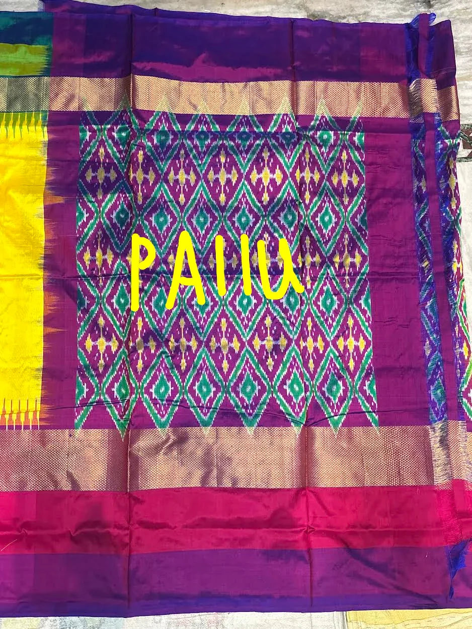 Pure Ikkat Silk Saree in Sunshine Yellow with Ganga Jamuna Border | Heavy Geometric Purple Pallu & Matching Ikkat Designer Blouse | Traditional Handloom Silk for Weddings - pochampallysarees.com