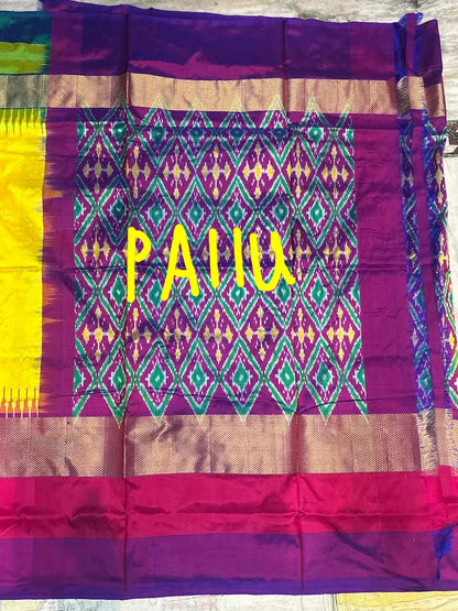 Pure Ikkat Silk Saree in Sunshine Yellow with Ganga Jamuna Border | Heavy Geometric Purple Pallu & Matching Ikkat Designer Blouse | Traditional Handloom Silk for Weddings - pochampallysarees.com
