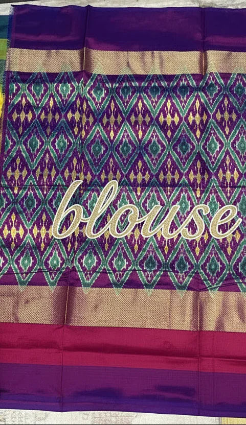 Pure Ikkat Silk Saree in Sunshine Yellow with Ganga Jamuna Border | Heavy Geometric Purple Pallu & Matching Ikkat Designer Blouse | Traditional Handloom Silk for Weddings - pochampallysarees.com