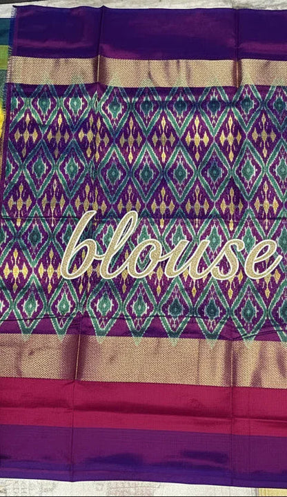 Pure Ikkat Silk Saree in Sunshine Yellow with Ganga Jamuna Border | Heavy Geometric Purple Pallu & Matching Ikkat Designer Blouse | Traditional Handloom Silk for Weddings - pochampallysarees.com