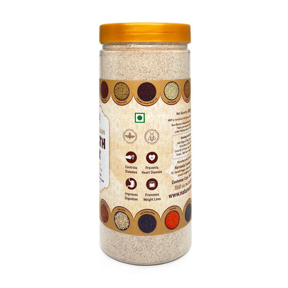 Jar of multi grain healthy flours health mix — natural multi grain flour blend for delicious and healthy recipes, energizing smoothies, porridges, and baking.