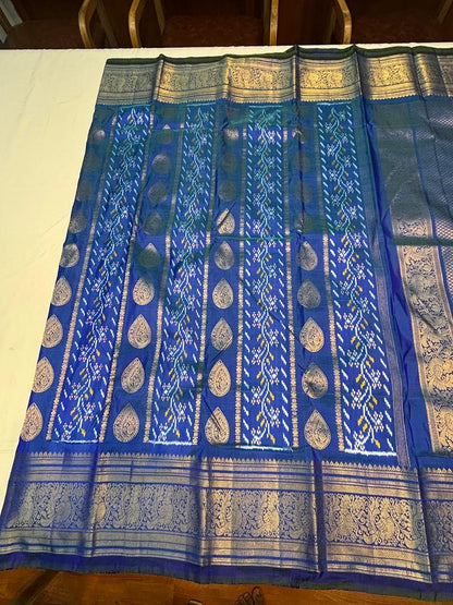 Royal Blue Pochampally Ikat Kanchi Silk Saree with Rich Gold Zari Border & Grand Pallu | Traditional Wedding Pattu Saree - pochampallysarees.com