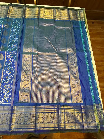 Royal Blue Pochampally Ikat Kanchi Silk Saree with Rich Gold Zari Border & Grand Pallu | Traditional Wedding Pattu Saree - pochampallysarees.com