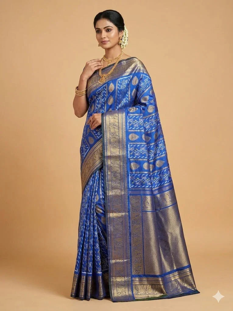 Royal Blue Pochampally Ikat Kanchi Silk Saree with Rich Gold Zari Border & Grand Pallu | Traditional Wedding Pattu Saree - pochampallysarees.com