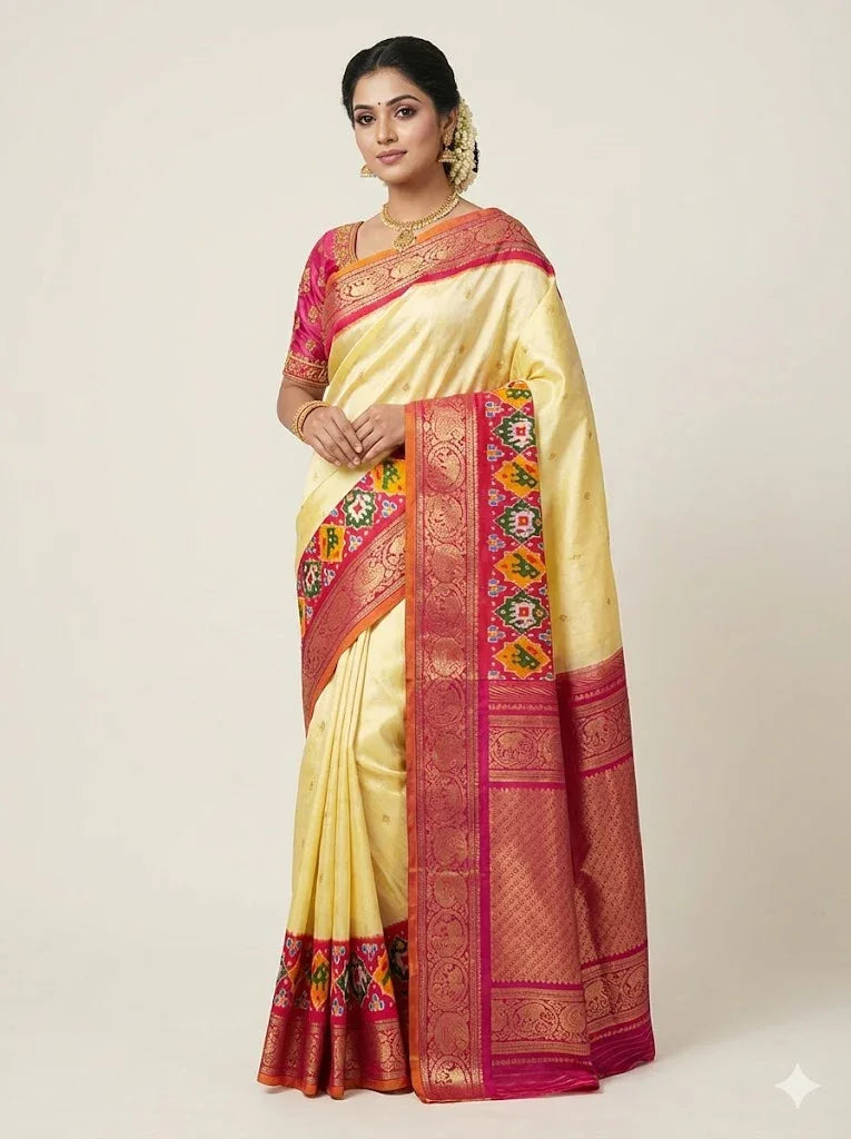Authentic Cream & Red Pochampally Kanchi Ikkat Silk Saree with Rich Zari Border & Grand Pallu | Wedding & Festive Wear - pochampallysarees.com