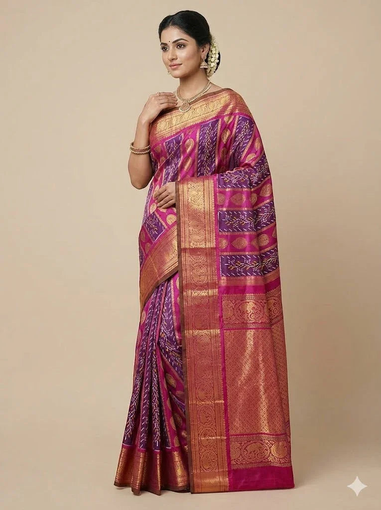 Pure Pochampally Ikat Silk Saree with Heavy Kanchi Gold Zari Border | Dual-Tone Magenta & Purple Fusion Wedding Saree - pochampallysarees.com