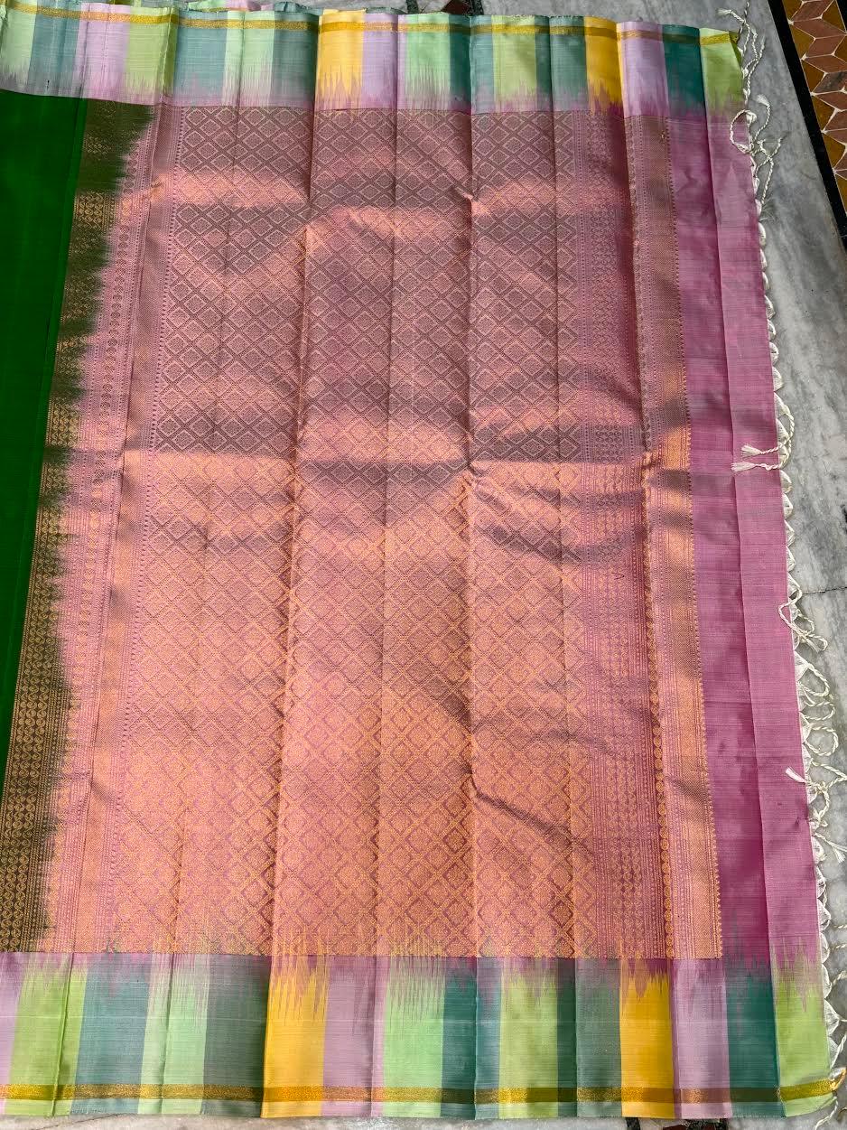 Kanchi Soft Silk Saree Green | Gold & Silver Buttas, Multi-Color Pastel Border & Rich Pink Zari Pallu | Festive Wear - pochampallysarees.com