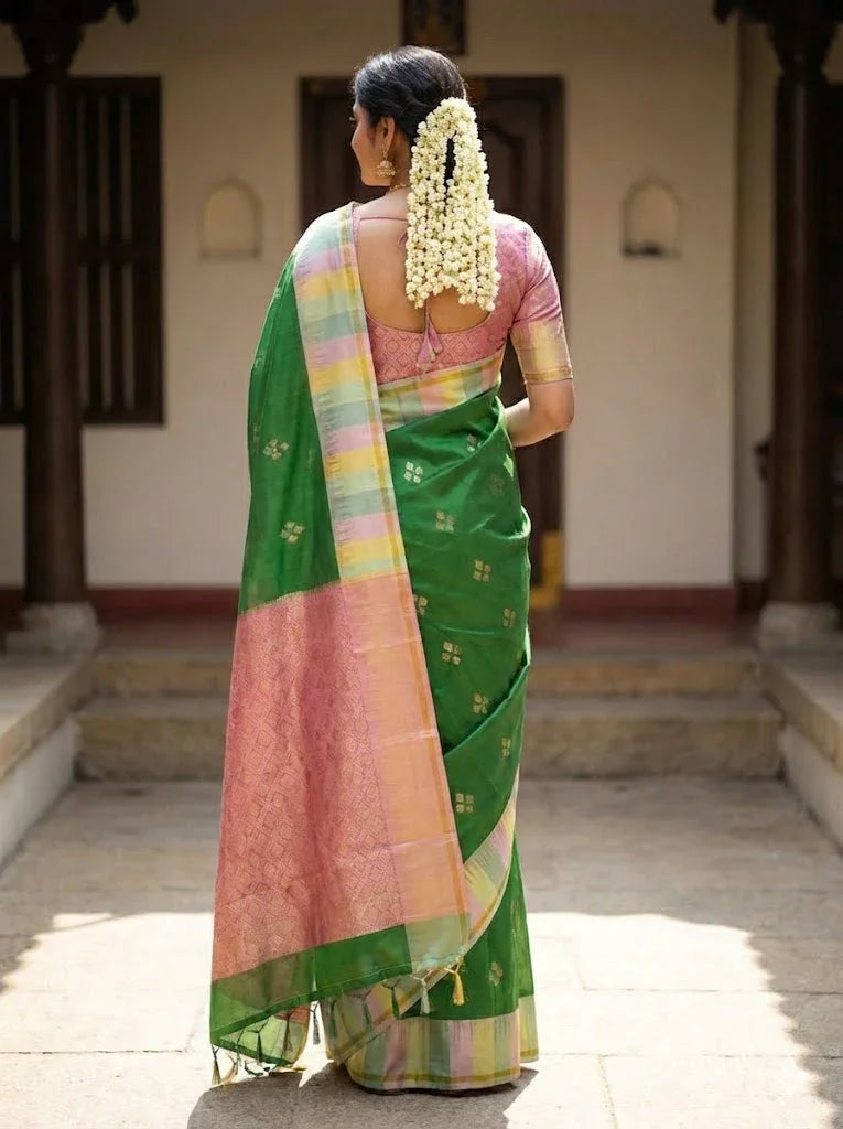 Kanchi Soft Silk Saree Green | Gold & Silver Buttas, Multi-Color Pastel Border & Rich Pink Zari Pallu | Festive Wear - pochampallysarees.com