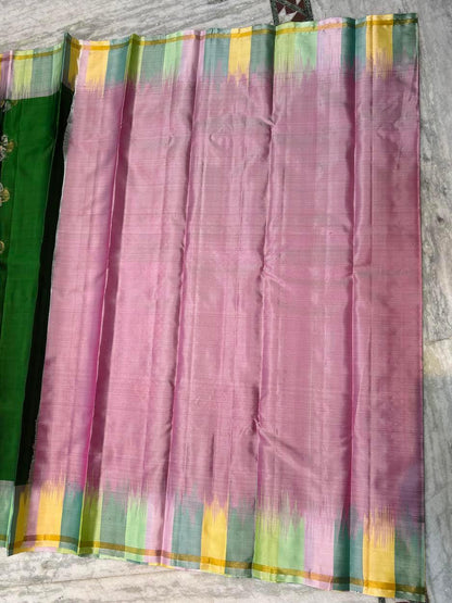 Kanchi Soft Silk Saree Green | Gold & Silver Buttas, Multi-Color Pastel Border & Rich Pink Zari Pallu | Festive Wear - pochampallysarees.com