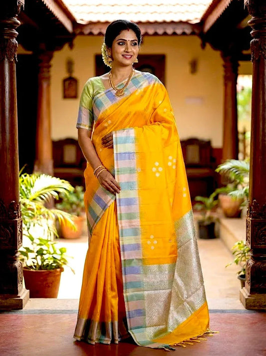 Soft Silk Saree Yellow | Latest Kanchi Design with Striped Zari Border & Blouse Piece - pochampallysarees.com