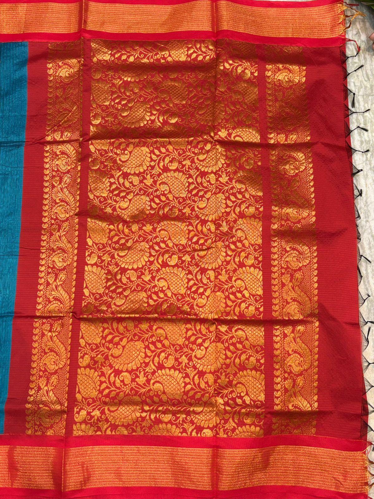 Pure Kuppadam Silk Cotton Saree with Traditional Zari Border and Rich Pallu – Teal & Crimson Red - pochampallysarees.com