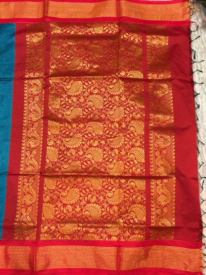 Pure Kuppadam Silk Cotton Saree with Traditional Zari Border and Rich Pallu – Teal & Crimson Red - pochampallysarees.com