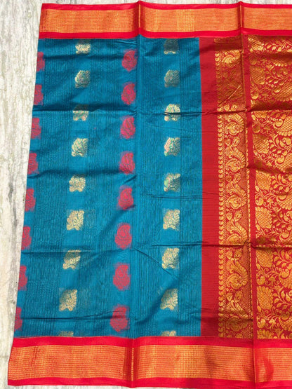 Pure Kuppadam Silk Cotton Saree with Traditional Zari Border and Rich Pallu – Teal & Crimson Red - pochampallysarees.com