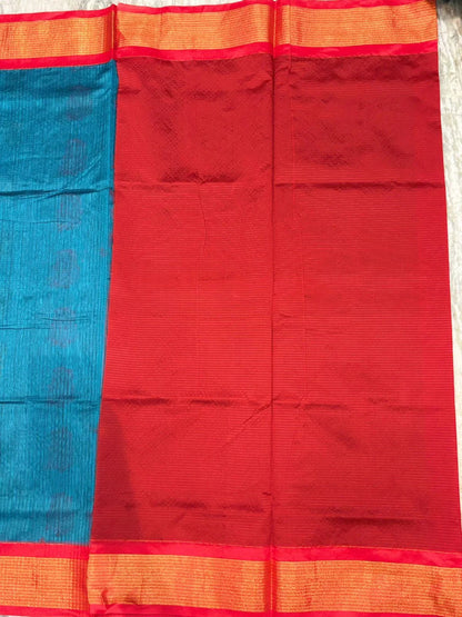 Pure Kuppadam Silk Cotton Saree with Traditional Zari Border and Rich Pallu – Teal & Crimson Red - pochampallysarees.com