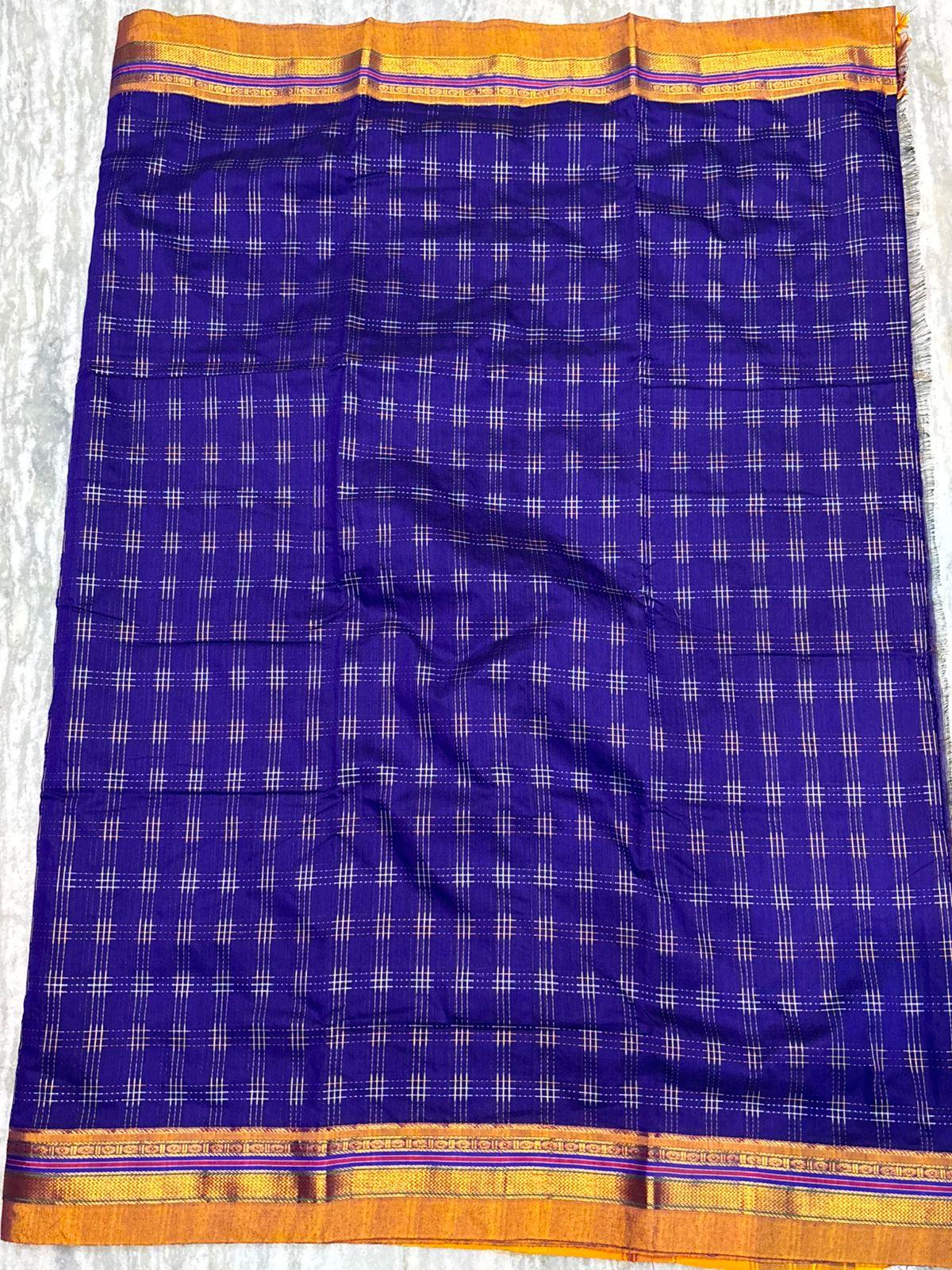 Elegant Royal Blue Kuppadam Pattu Saree with Zari Checks & Vibrant Multi-Color Pallu - pochampallysarees.com