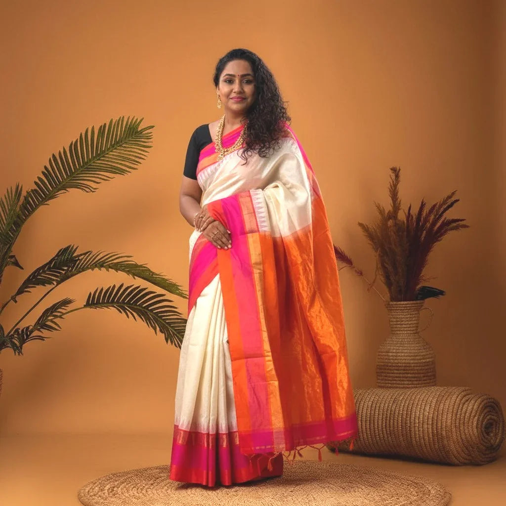KUPPADAM CREAM WITH ORANGE COLOR SILK SAREE - pochampallysarees.com