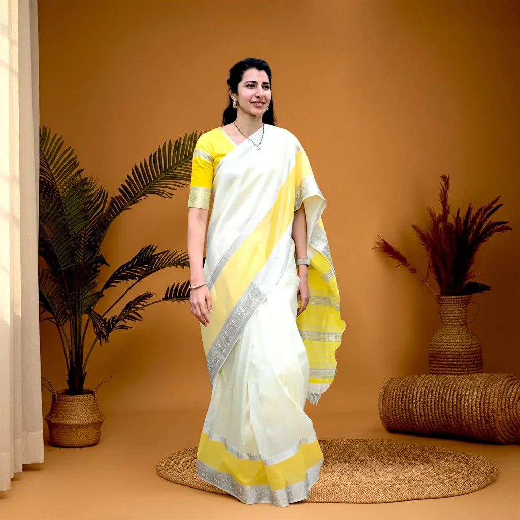 Kuppadam Pattu Cream With Yellow Color Saree - pochampallysarees.com