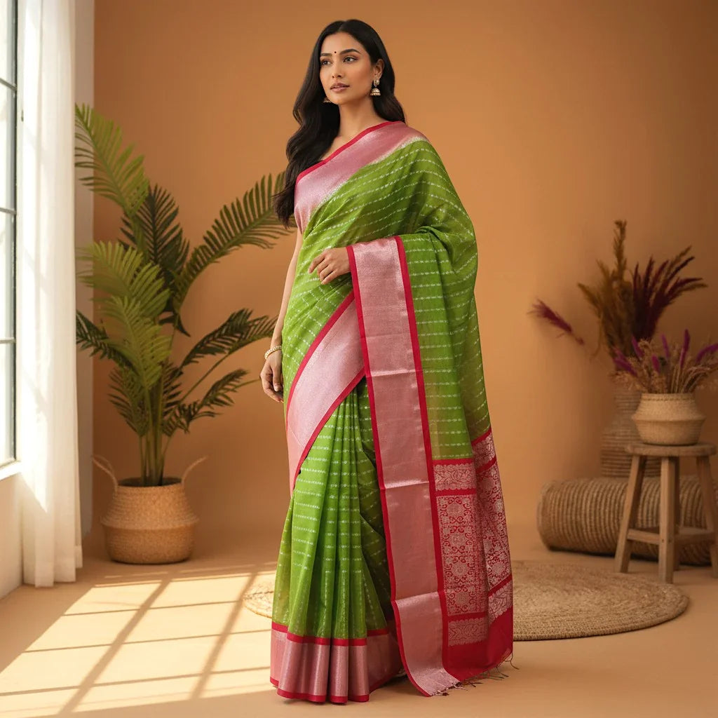 GREEN WITH PINK COLOR KANCHI KUPPADAM SILK COTTON SARi - pochampallysarees.com