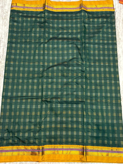 Pure Kuppadam Silk Cotton Saree in Bottle Green with Zari Checks & Contrast Striped Pallu - pochampallysarees.com