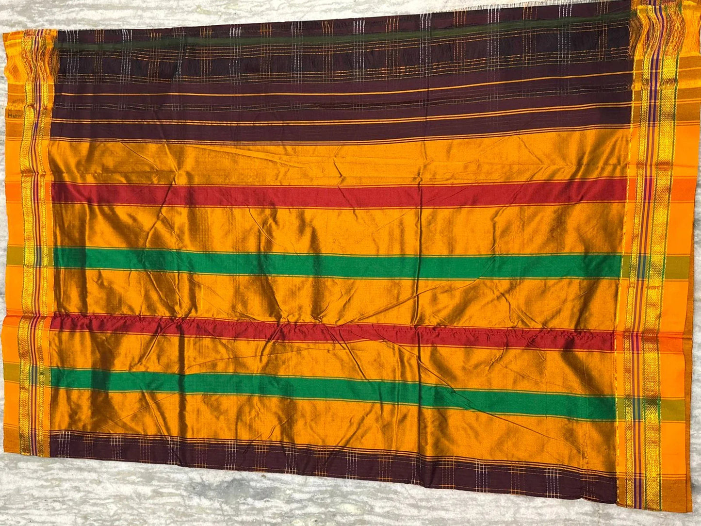 Authentic Maroon & Yellow Kuppadam Pattu Silk Saree with Checked Pattern & Multicolor Pallu - pochampallysarees.com