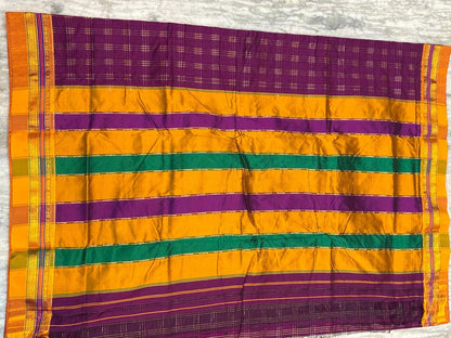 Pure Kuppadam Silk Cotton Saree in Deep Purple with Zari Checks & Contrast Mustard Pallu | Traditional Ethnic Wear - pochampallysarees.com