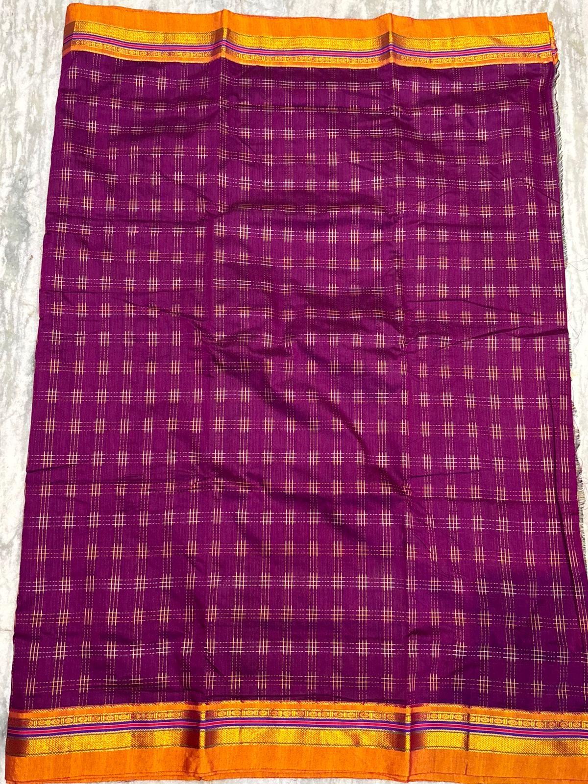 Pure Kuppadam Silk Cotton Saree in Deep Purple with Zari Checks & Contrast Mustard Pallu | Traditional Ethnic Wear - pochampallysarees.com