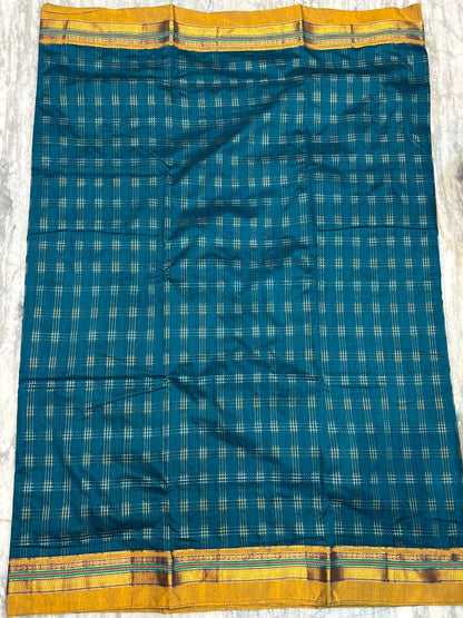 Pure Kuppadam Silk Cotton Saree in Teal Blue with Zari Checks & Vibrant Contrast Pallu - pochampallysarees.com