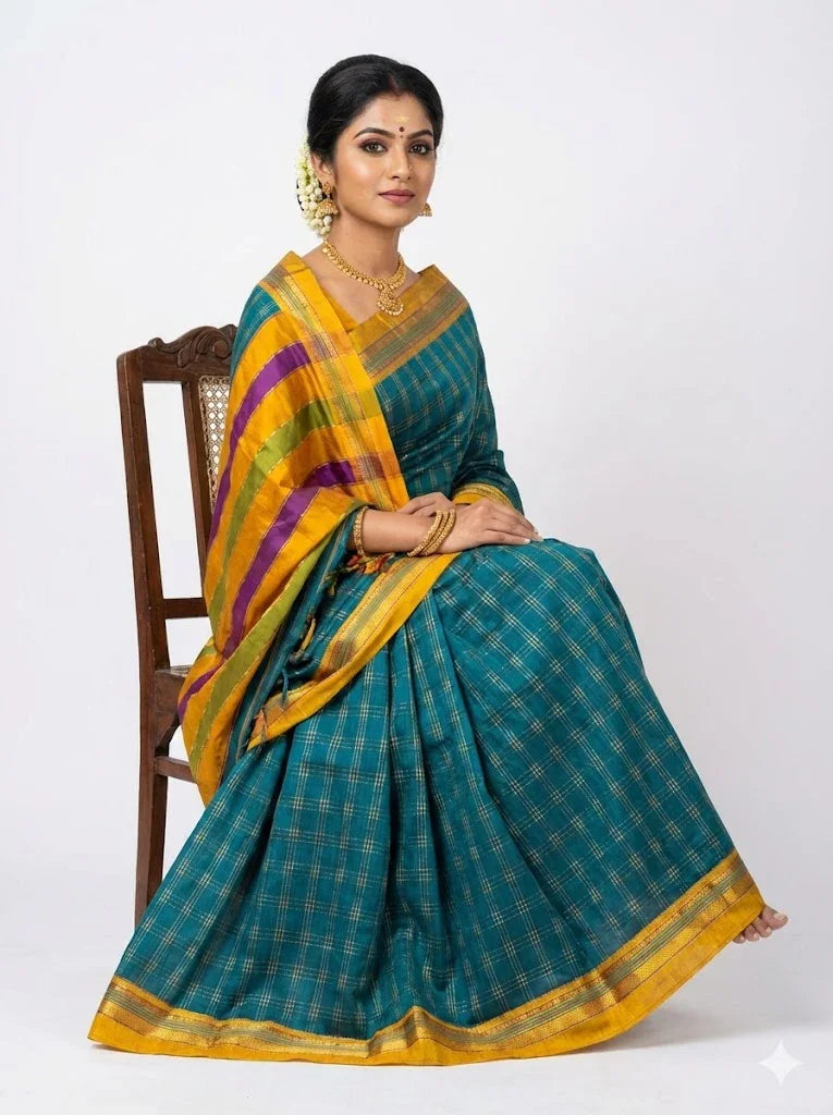 Pure Kuppadam Silk Cotton Saree in Teal Blue with Zari Checks & Vibrant Contrast Pallu - pochampallysarees.com
