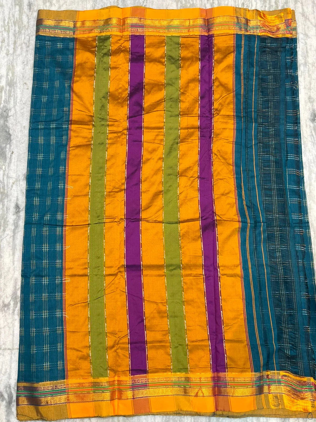 Pure Kuppadam Silk Cotton Saree in Teal Blue with Zari Checks & Vibrant Contrast Pallu - pochampallysarees.com