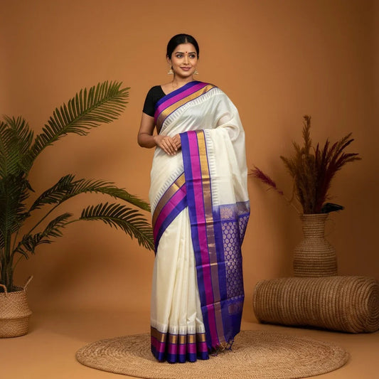 Kuppadam Cream With Blue Color Saree - pochampallysarees.com