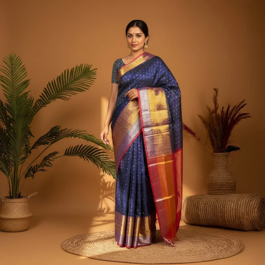 KUPPADAM PATTU BODY NAVYBLUE ALLOVER TISSUE PINK BORDER PINK PALLU AND BLOUSE RED - pochampallysarees.com