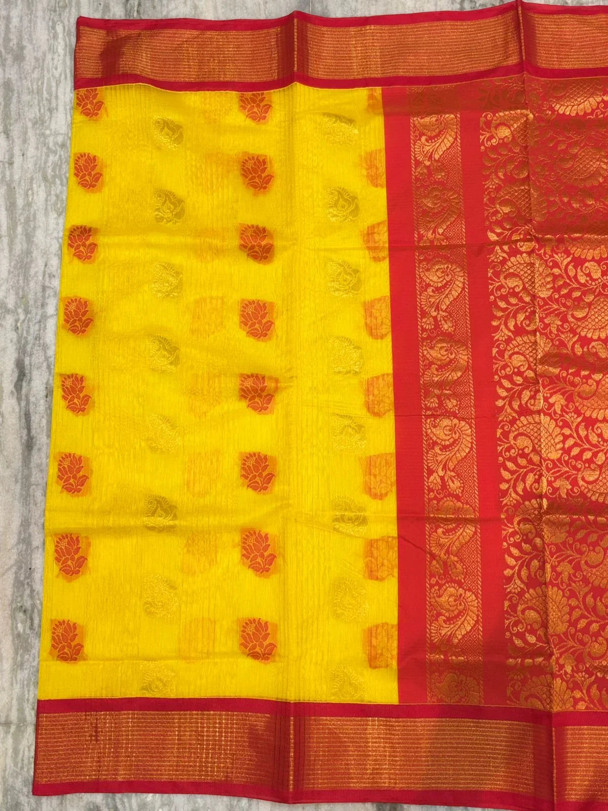 Pure Kuppadam Silk Cotton Saree with Traditional Korvai Zari Border & Contrast Pallu - Yellow & Red - pochampallysarees.com