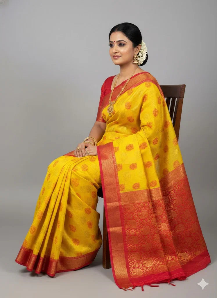 Pure Kuppadam Silk Cotton Saree with Traditional Korvai Zari Border & Contrast Pallu - Yellow & Red - pochampallysarees.com